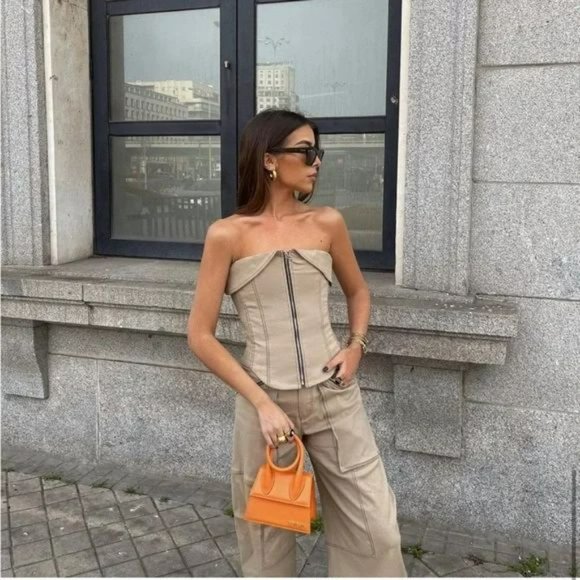 ZARA TOPSTITCHED ZIPPER BUSTIER - Picture 9 of 13